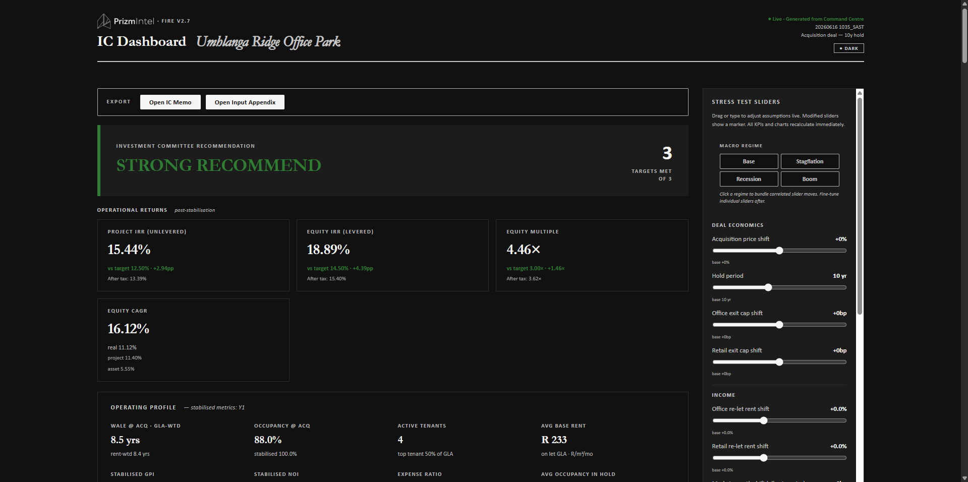 FIRE IC Dashboard for Umhlanga Ridge Office Park: Strong Recommend with 3 of 3 targets met, Project IRR 15.44%, Equity IRR 18.89%, Equity Multiple 4.46x, Equity CAGR 16.12%, and live stress-test sliders for macro regime, deal economics and income.
