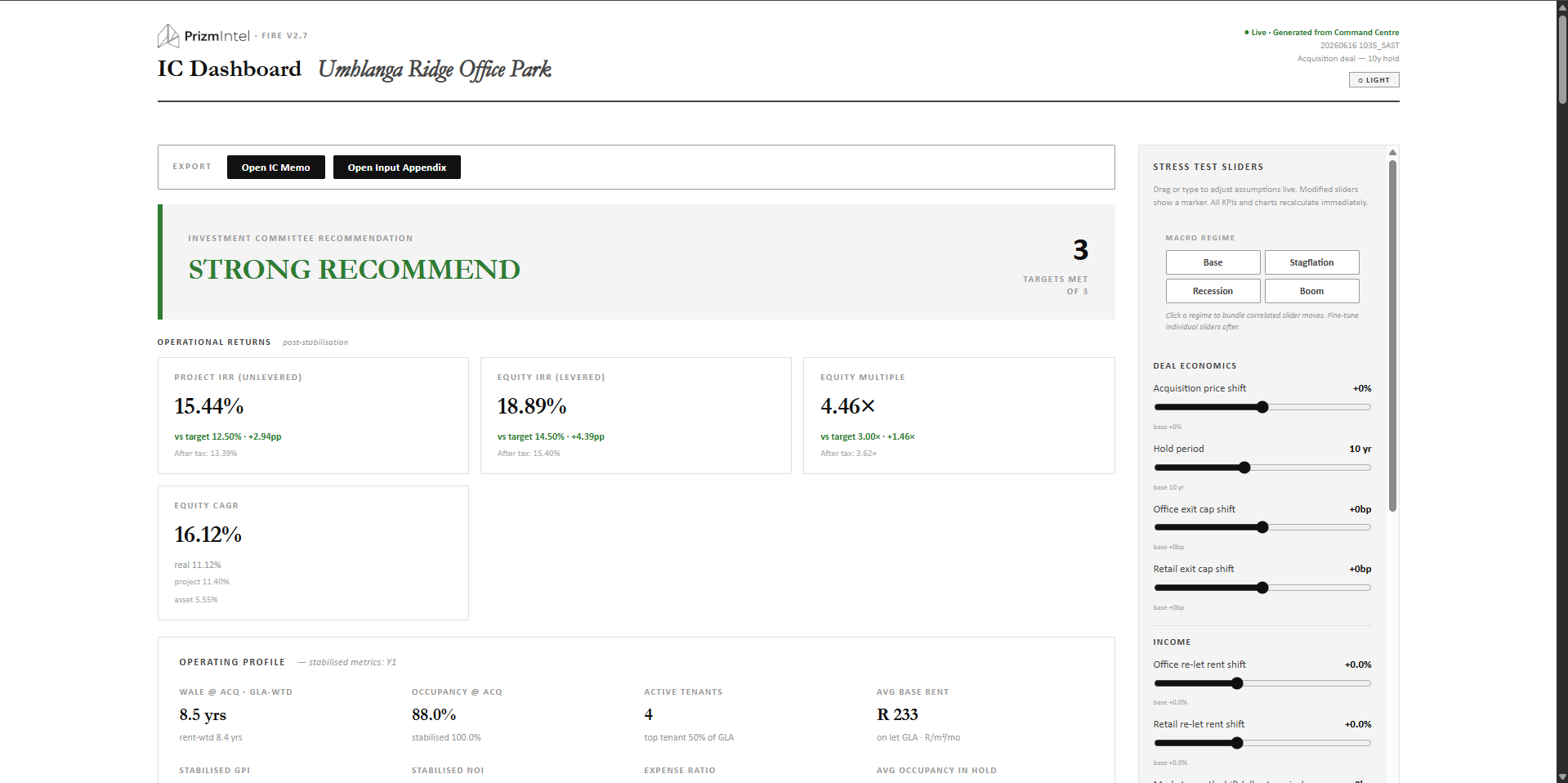 FIRE IC Dashboard for Umhlanga Ridge Office Park: Strong Recommend with 3 of 3 targets met, Project IRR 15.44%, Equity IRR 18.89%, Equity Multiple 4.46x, Equity CAGR 16.12%, and live stress-test sliders for macro regime, deal economics and income.