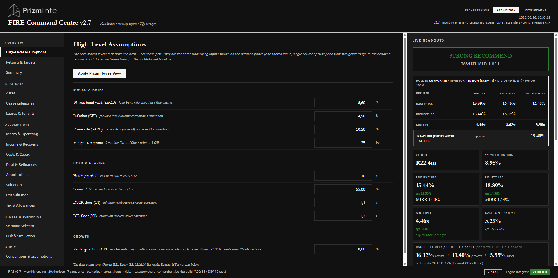 FIRE Command Centre v2.7, Underwriting and IC module: Strong Recommend, 3/3 returns hit, pre-tax equity IRR 18.89% versus target 14.50%, live readouts panel, and a verified engine-integrity footer.