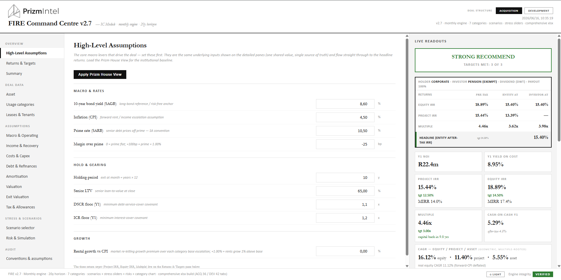 FIRE Command Centre v2.7, Underwriting and IC module: Strong Recommend, 3/3 returns hit, pre-tax equity IRR 18.89% versus target 14.50%, live readouts panel, and a verified engine-integrity footer.