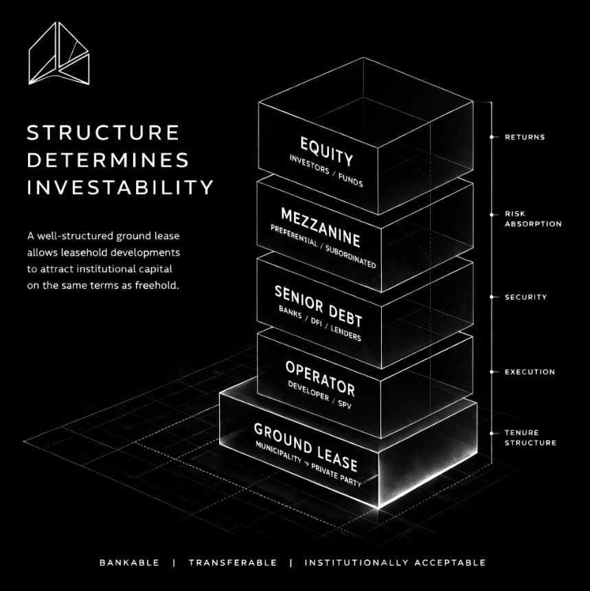 Diagram: the capital stack on a well-structured ground lease — ground lease, operator, senior debt, mezzanine, equity