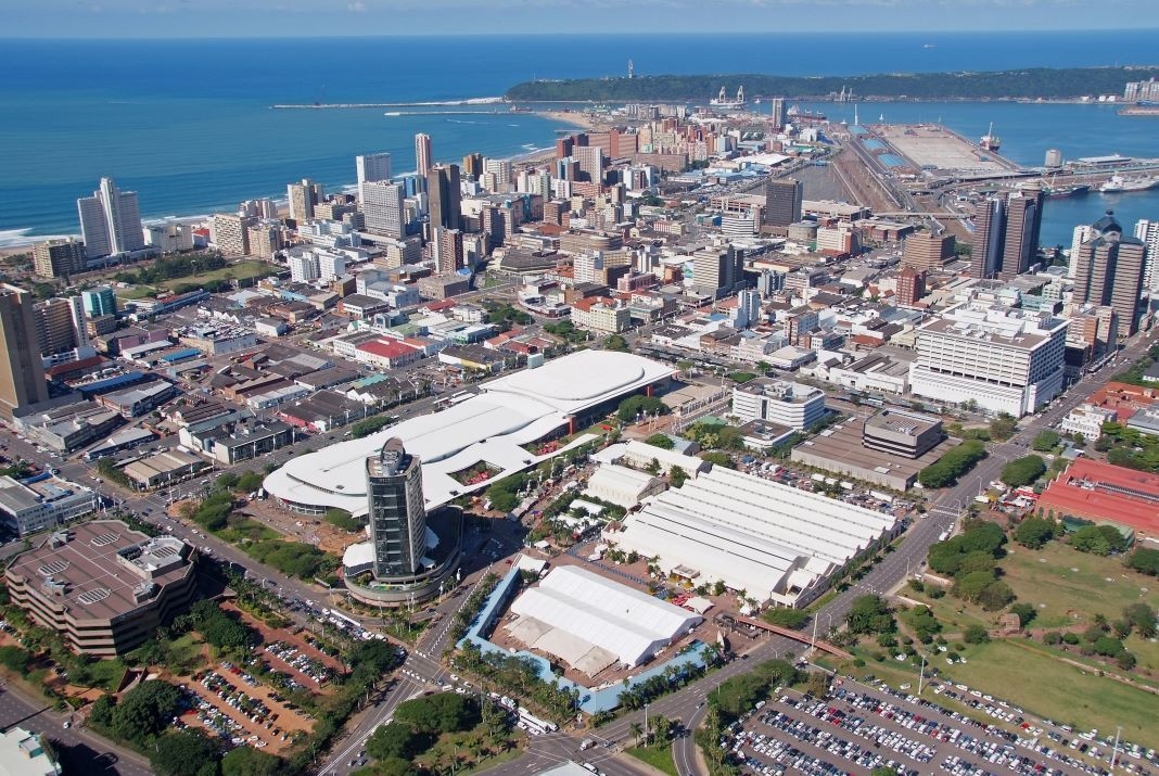 Aerial view of Rivertown precinct, Durban ICC and the Golden Mile beyond